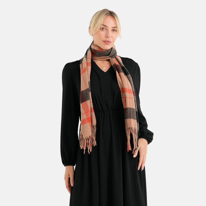 La Marey Women's Lightweight Checkered Tassel Scarf (178 x 32cm) - Beige 8617474 2