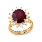 AAA African Ruby & Moissanite Halo Ring in 18K Vermeil Yellow Gold Plated Sterling Silver 8.14 Ct._8617503