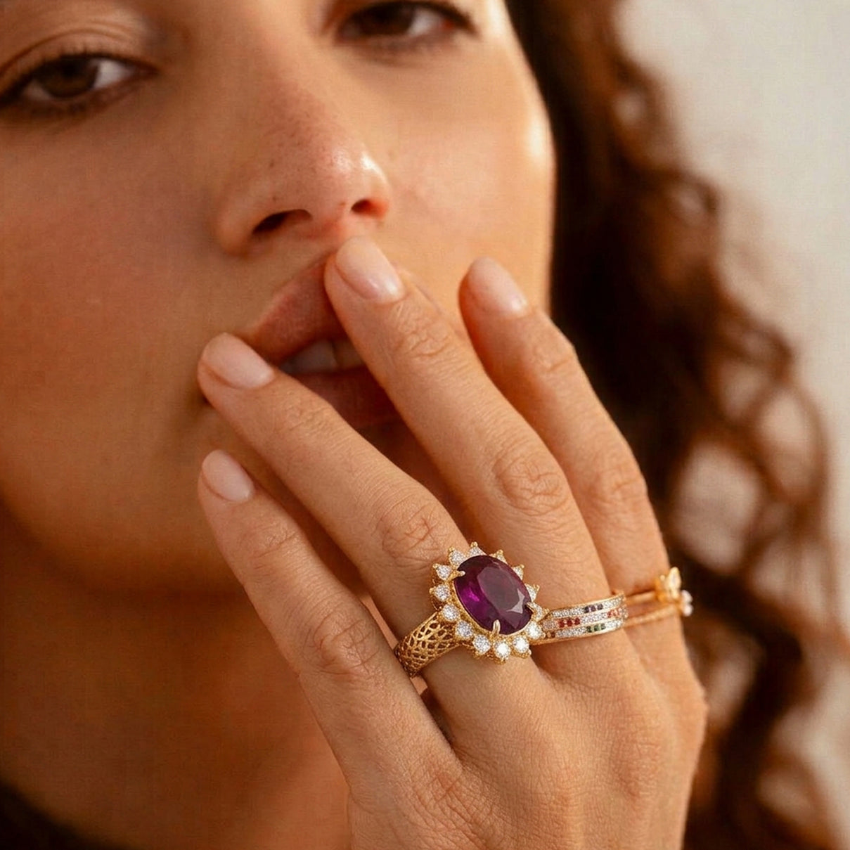 AAA African Ruby &amp; Moissanite Halo Ring in 18K Vermeil Yellow Gold Plated Sterling Silver 8.14 Ct. 8617503 2
