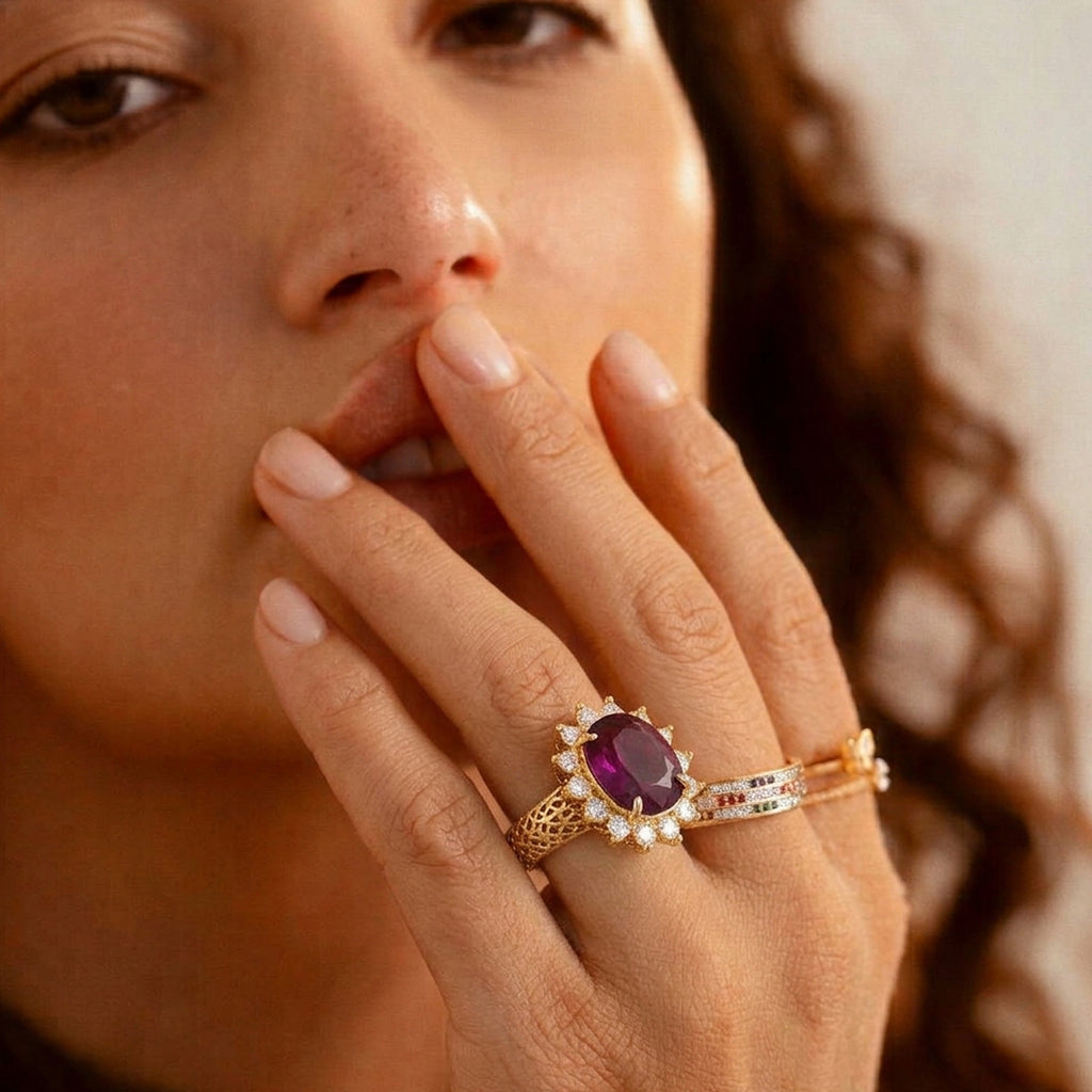 AAA African Ruby & Moissanite Halo Ring in 18K Vermeil Yellow Gold Plated Sterling Silver 8.14 Ct._8617503_2