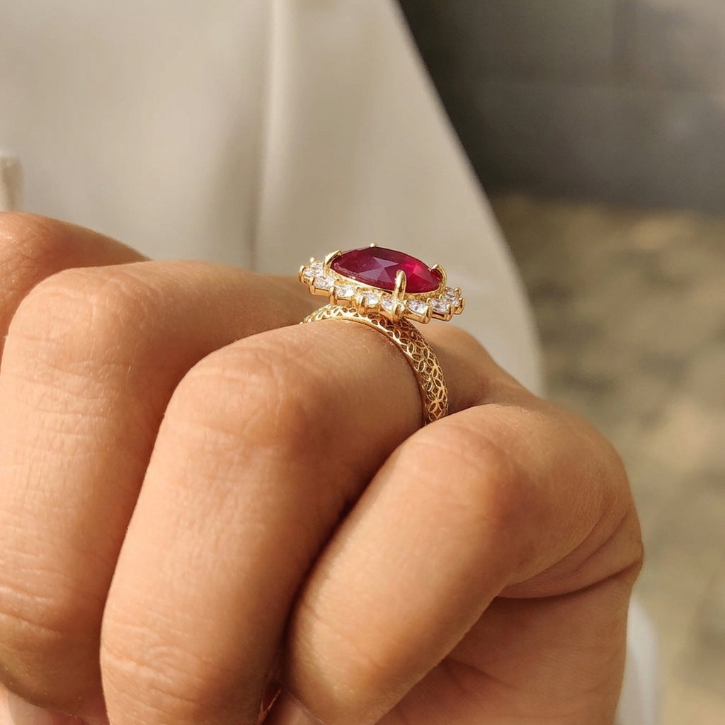 AAA African Ruby & Moissanite Halo Ring in 18K Vermeil Yellow Gold Plated Sterling Silver 8.14 Ct._8617503_5
