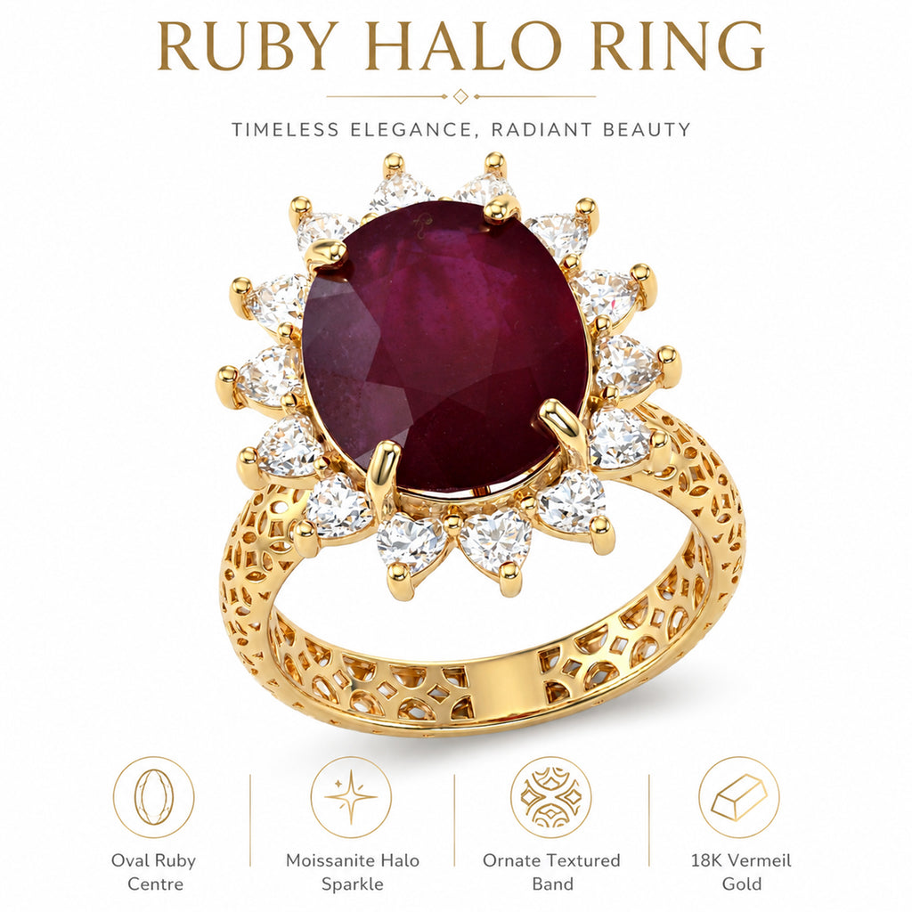 AAA African Ruby & Moissanite Halo Ring in 18K Vermeil Yellow Gold Plated Sterling Silver 8.14 Ct._8617503_6