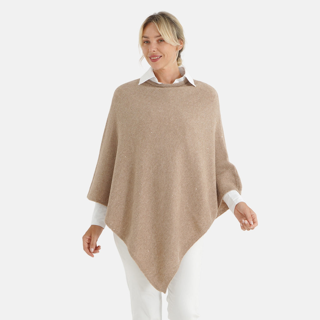 La Marey Women's Cashmere Touch Sequin Knitted Poncho Cape (One Size, 8-20) - Mocha_8617544_3