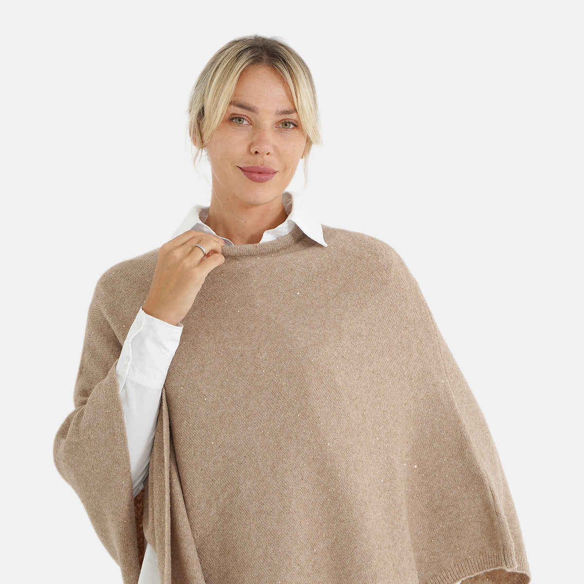 La Marey Women's Cashmere Touch Sequin Knitted Poncho Cape (One Size, 8-20) - Mocha 8617544 5