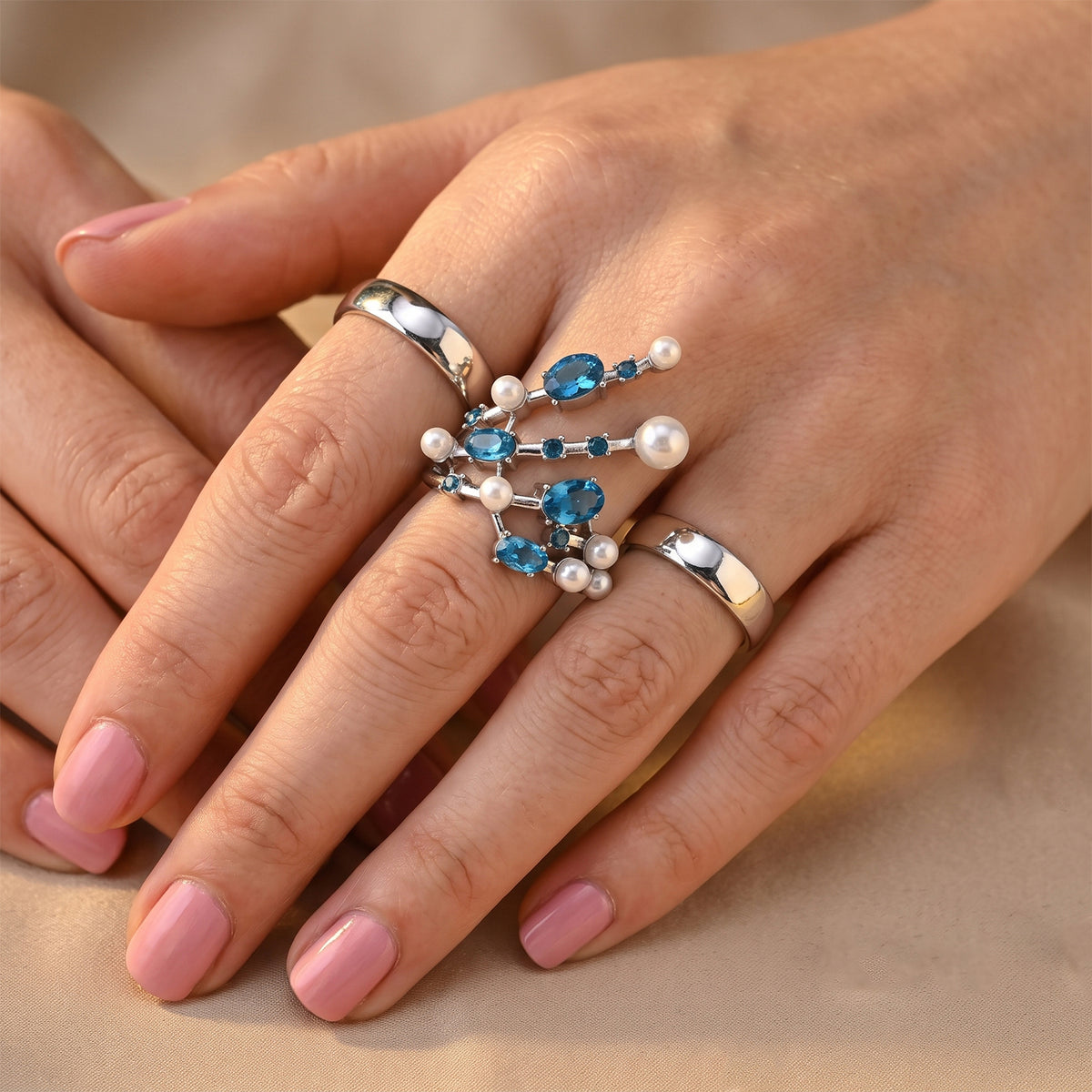 White Shell Pearl &amp; Crystal Adjustable Branch Ring 5.00 Ct. V32520347 3