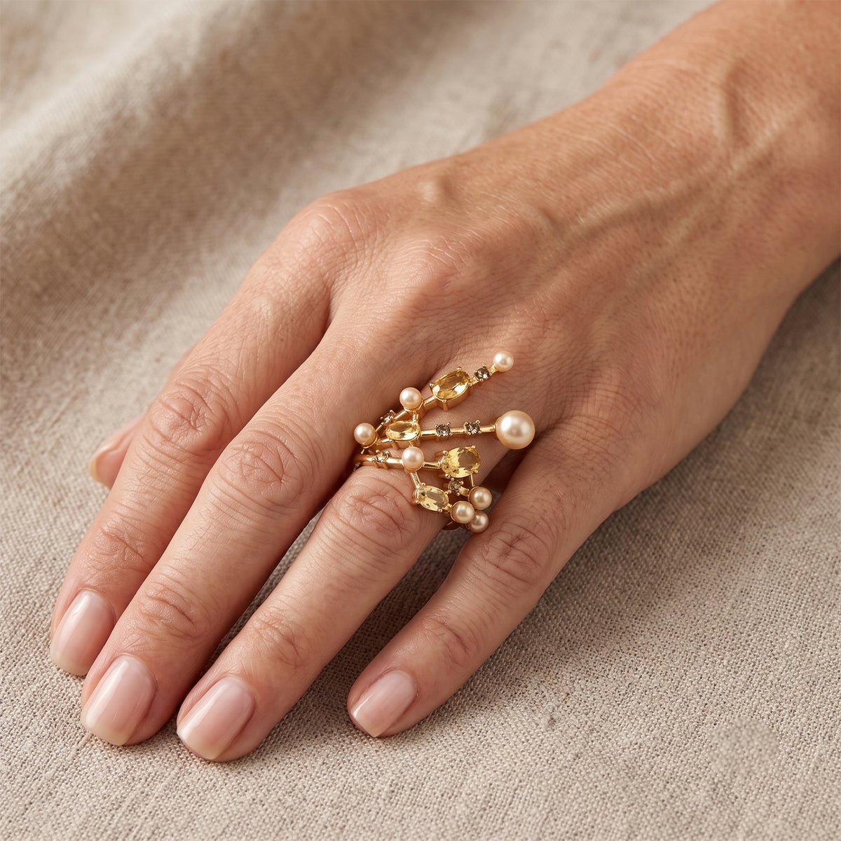 Golden Shell Pearl &amp; Crystal Adjustable Branch Ring 5.00 Ct. V32521149 2