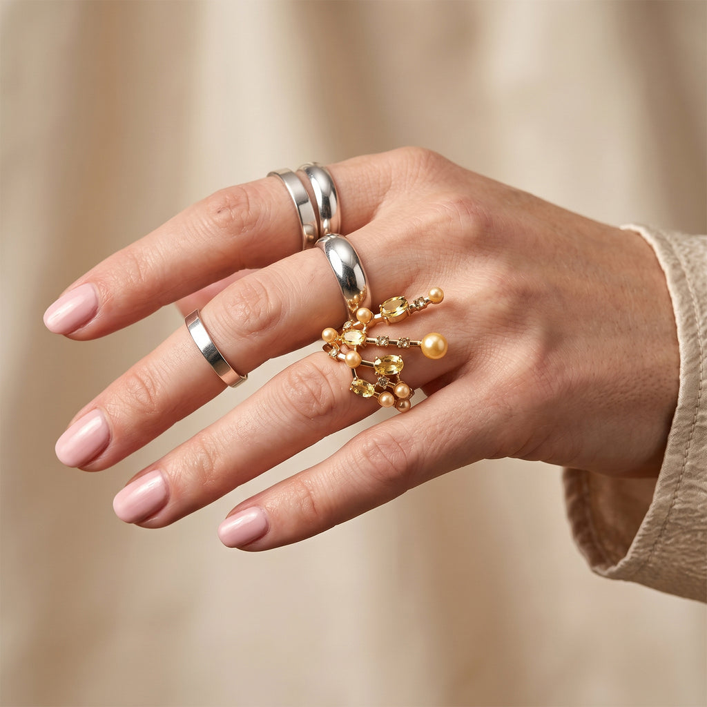 Golden Shell Pearl & Crystal Adjustable Ring 5.00 Ct._8617719_2