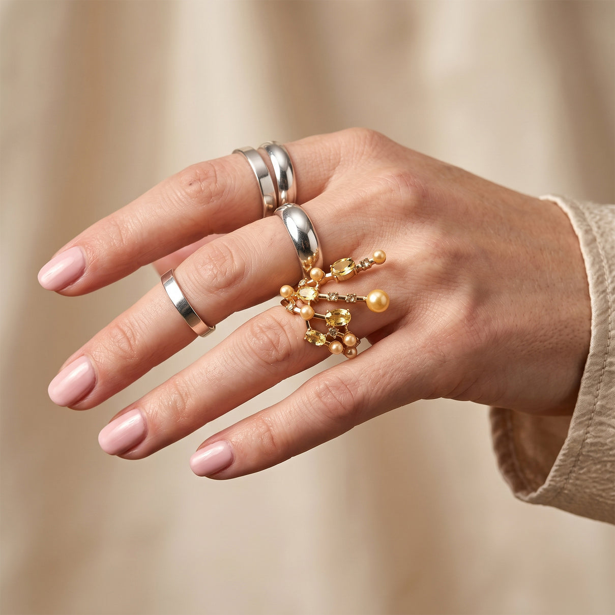 Golden Shell Pearl &amp; Crystal Adjustable Branch Ring 5.00 Ct. V32521149 3