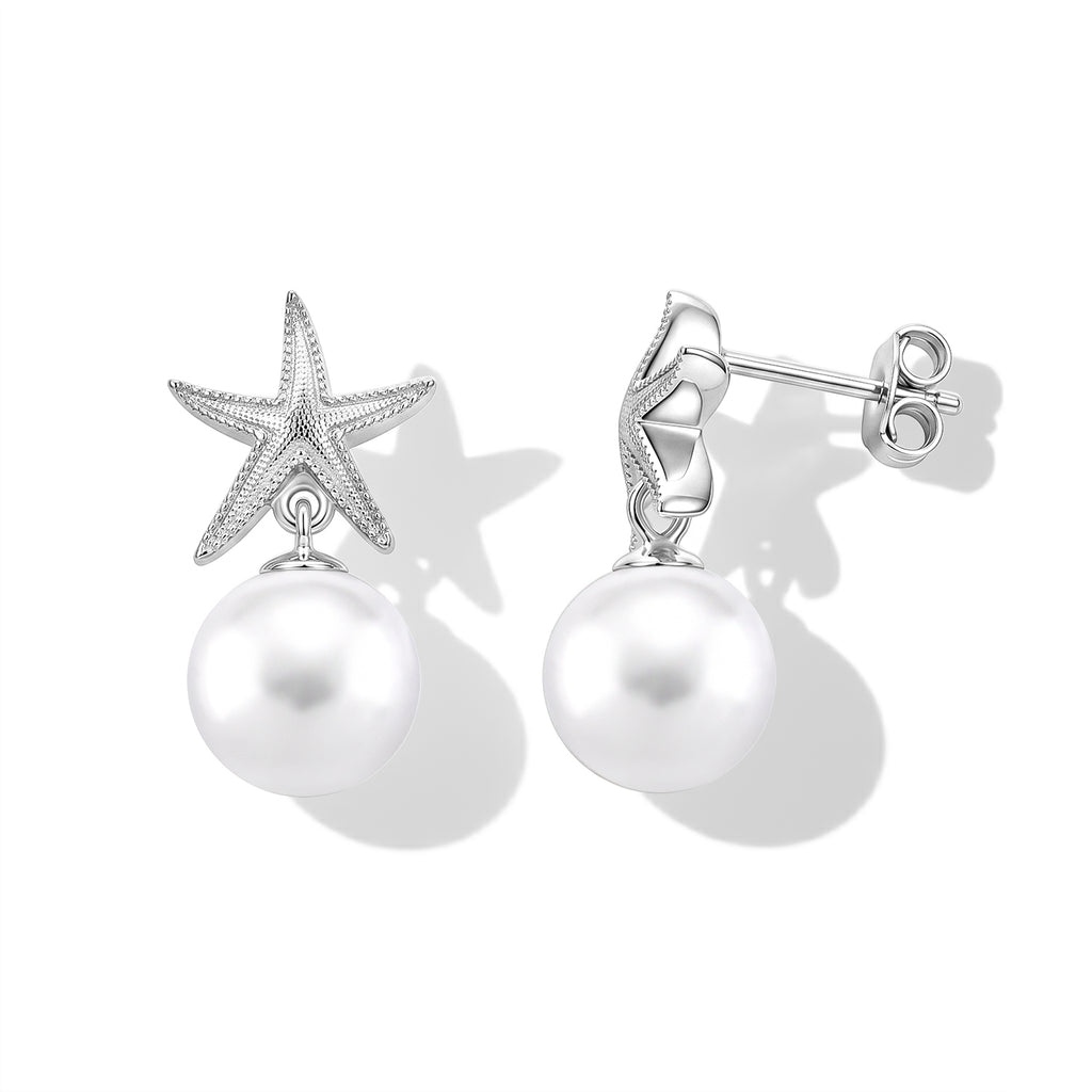 D'Joy - Premium White Edison Pearl (10-11mm) Star Ball Earring with Push Back in Rhodium Overlay Sterling Silver_8618142