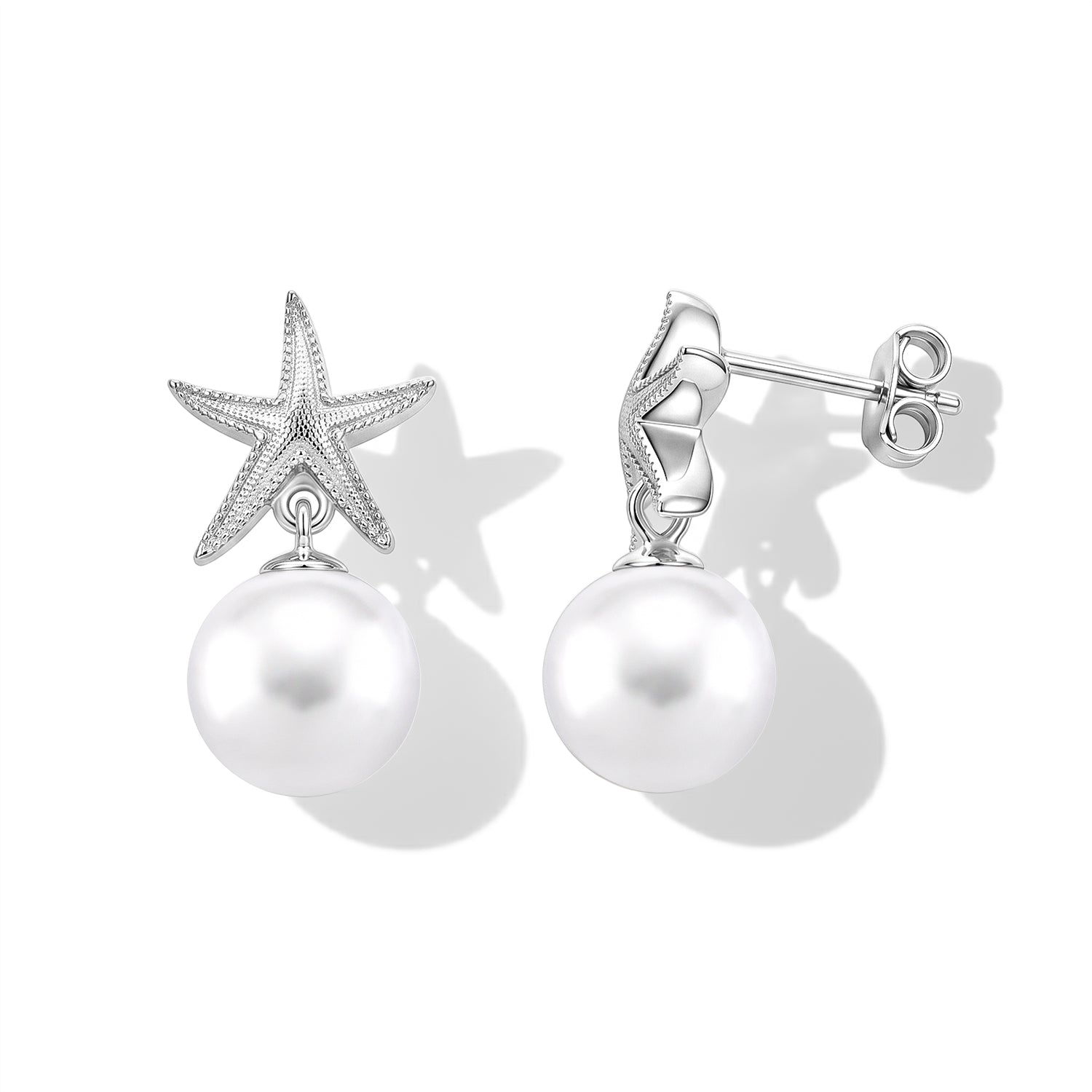 D'Joy - Premium White Edison Pearl (10-11mm) Star Ball Earring with Push Back in Rhodium Overlay Sterling Silver 8618142 0