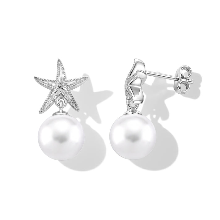 D'Joy - Premium White Edison Pearl (10-11mm) Star Ball Earring with Push Back in Rhodium Overlay Sterling Silver 8618142 1