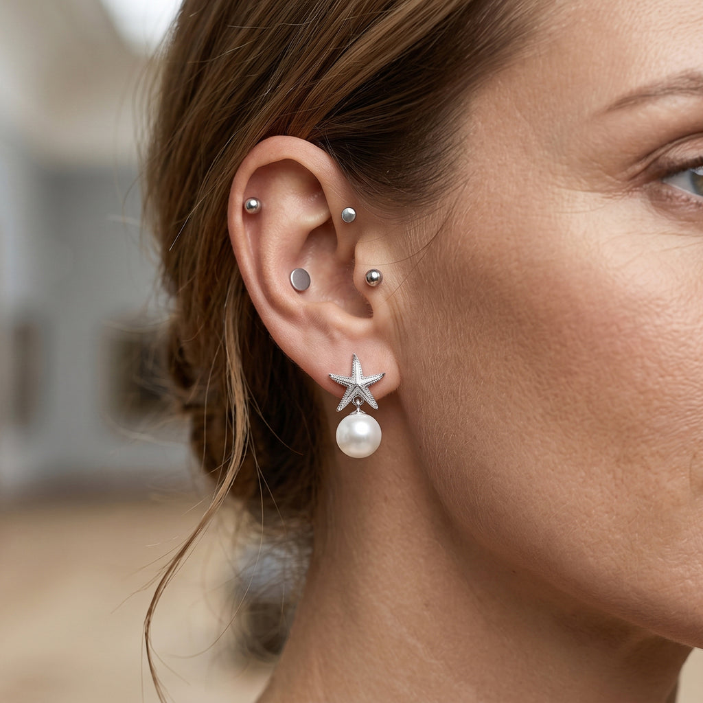 D'Joy - Premium White Edison Pearl (10-11mm) Star Ball Earring with Push Back in Rhodium Overlay Sterling Silver_8618142_2