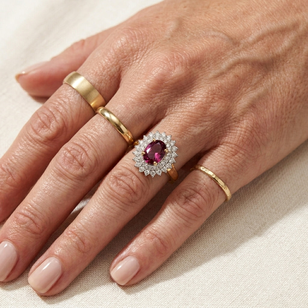 Luxuriant - Natural Radiant Ember Garnet & Lab Grown Diamond (SI/G-H) Halo Ring in 18K Vermeil Yellow Gold Plated Sterling Silver 1.40 Ct._8618145_2