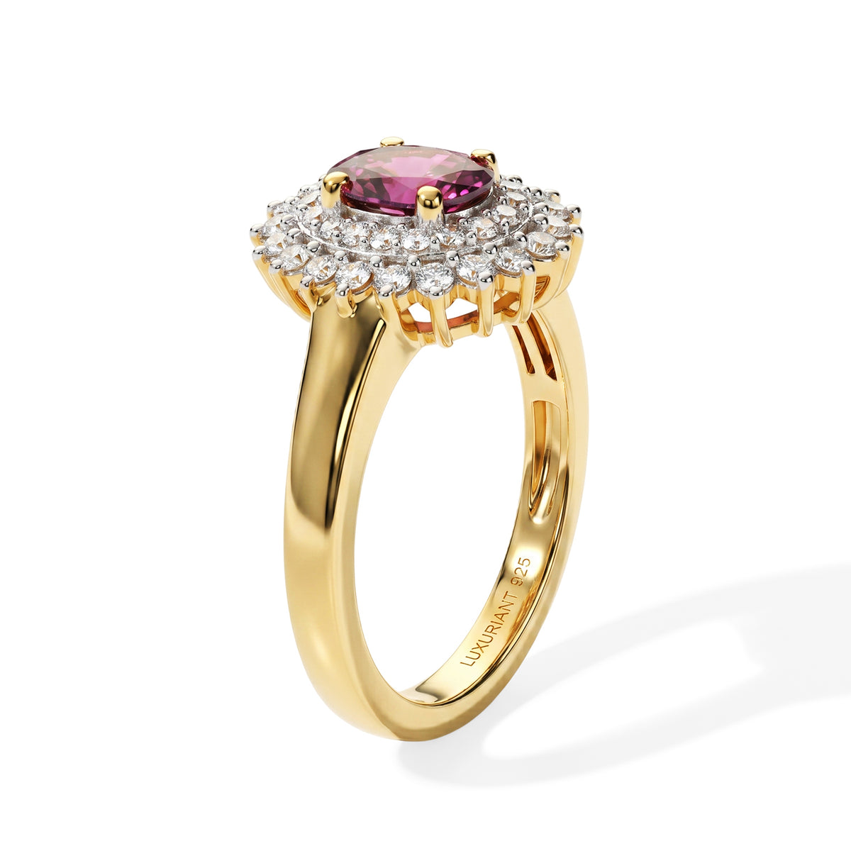 Luxuriant - Natural Radiant Ember Garnet &amp; Lab Grown Diamond (SI/G-H) Halo Ring in 18K Vermeil Yellow Gold Plated Sterling Silver 1.40 Ct. V32614016 4