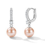 D'Joy - Peach Edison (10-11mm) & White Zircon Hoop Earring with Clasp in Rhodium Overlay Sterling Silver 10.76 Ct._8618178