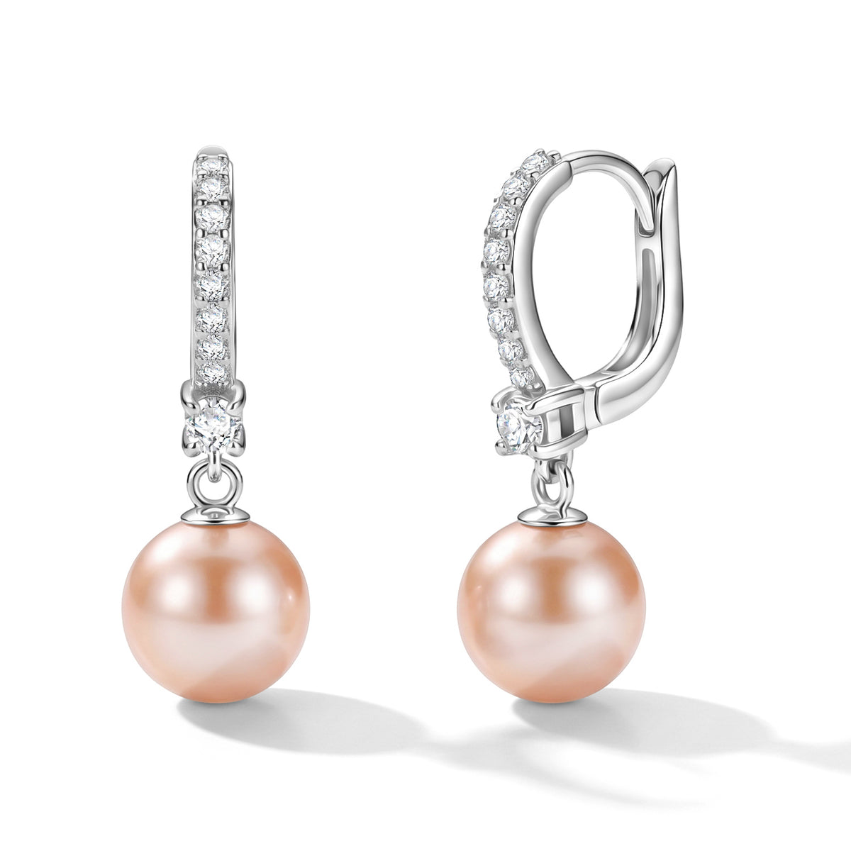 D'Joy - Peach Edison (10-11mm) &amp; White Zircon Hoop Earring with Clasp in Rhodium Overlay Sterling Silver 10.76 Ct. V32577768 0