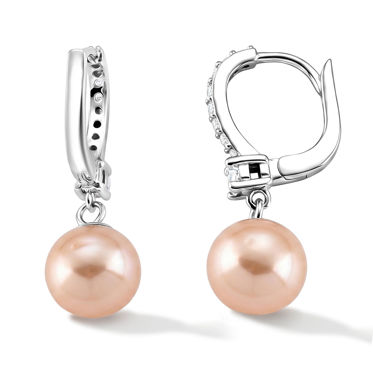 D'Joy - Peach Edison (10-11mm) &amp; White Zircon Hoop Earring with Clasp in Rhodium Overlay Sterling Silver 10.76 Ct. V32577768 4