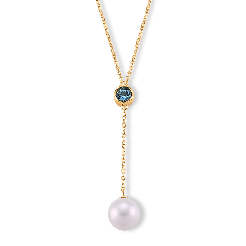 D'Joy - Premium White Edison Pearl (10-11mm) & Swiss Blue Topaz Drop Necklace (Size - 18) in Yellow Gold Plated Sterling Silver 9.10 Ct._8618219