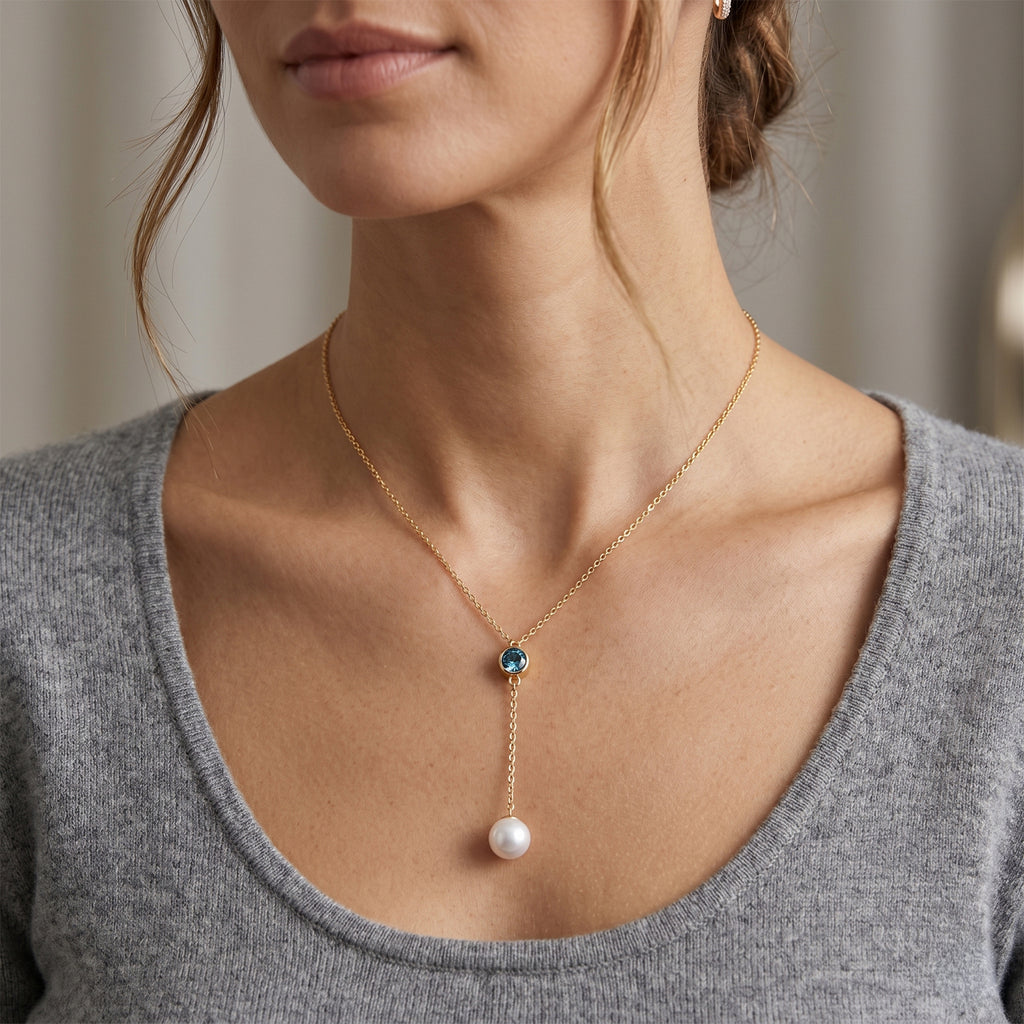 D'Joy - Premium White Edison Pearl (10-11mm) & Swiss Blue Topaz Drop Necklace (Size - 18) in Yellow Gold Plated Sterling Silver 9.10 Ct._8618219_1