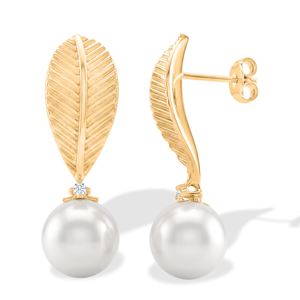 D'Joy - Premium White Edison Pearl (10-11mm) & Lab Grown Diamond Leaf-Inspired Drop Earring with Push Back in Yellow Gold Plated Sterling Silver_8618221