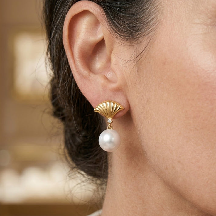 D'Joy - Premium White Edison Pearl (10-11mm) &amp; Lab Grown Diamond Earring with Push Back in Yellow Gold Plated Sterling Silver 15.50 Ct. 8618223 2