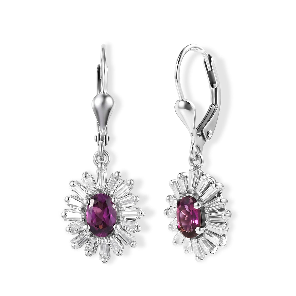 D'Joy - Natural Radiant Ember Garnet &amp; Moissanite Halo Earring with Lever Back in Rhodium Overlay Sterling Silver 2.30 Ct. V32574355 0