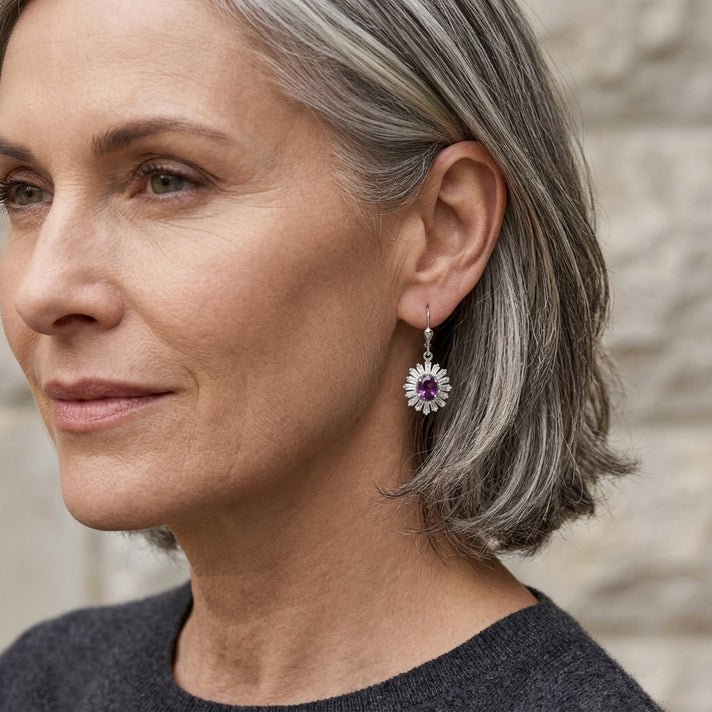 D'Joy - Natural Radiant Ember Garnet &amp; Moissanite Halo Earring with Lever Back in Rhodium Overlay Sterling Silver 2.30 Ct. 8618236 2