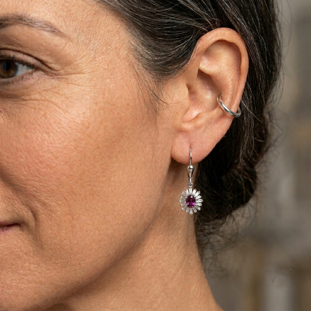 D'Joy - Natural Radiant Ember Garnet & Moissanite Halo Earring with Lever Back in Rhodium Overlay Sterling Silver 2.30 Ct._8618236_2