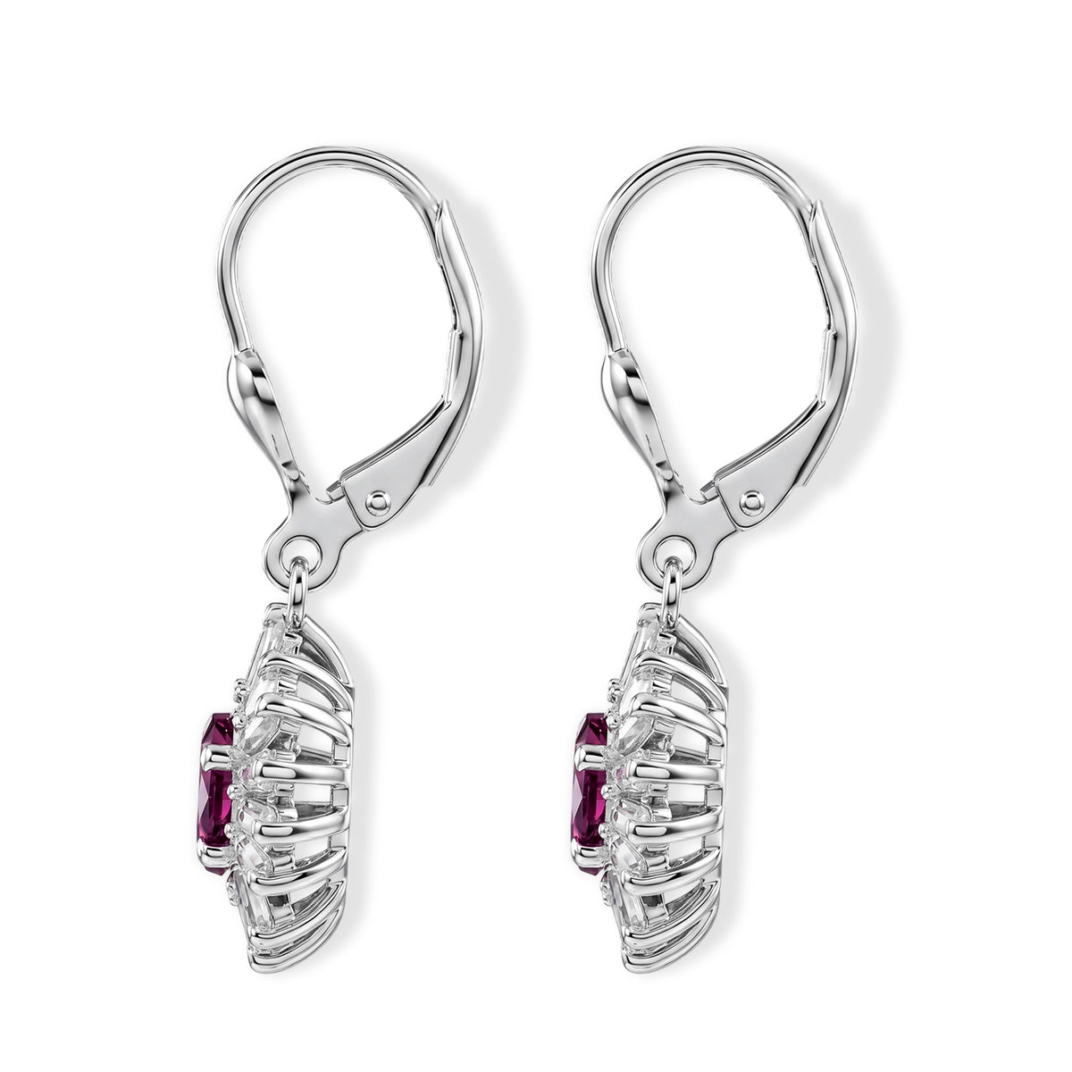 D'Joy - Natural Radiant Ember Garnet &amp; Moissanite Halo Earring with Lever Back in Rhodium Overlay Sterling Silver 2.30 Ct. V32574355 4