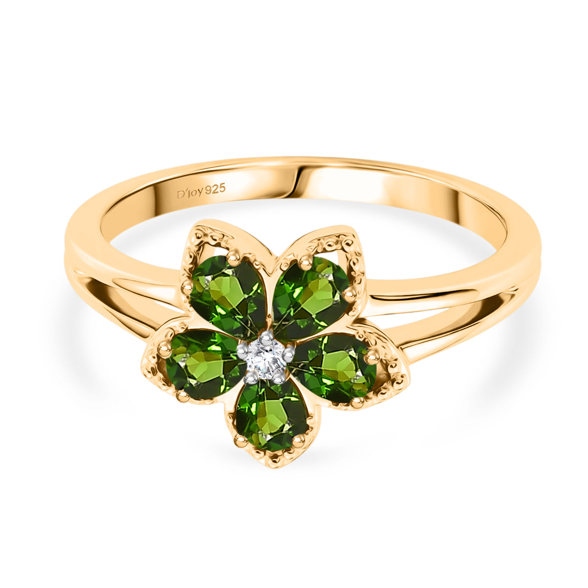 Luxuriant - Natural Chrome Diopside &amp; Lab Grown Diamond (SI/G-H) Floral Ring in Yellow Gold Plated Sterling Silver 0.80 Ct. V32521649 0