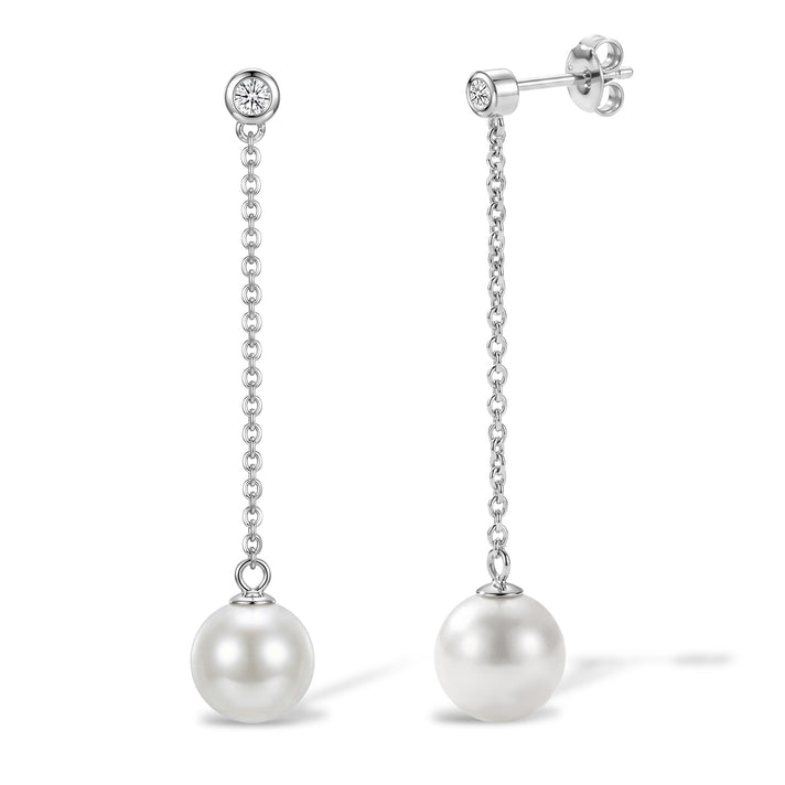 D'Joy - Premium White Edison Pearl (10-11mm) &amp; Lab Grown Diamond Dangling Earring with Push Back in Rhodium Overlay Sterling Silver 15.55 Ct. 8618383 1