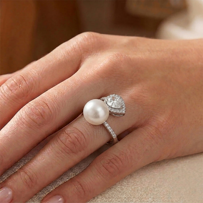 D'Joy - Premium White Edison Pearl (12-13mm) &amp; White Zircon Ring in Rhodium Overlay Sterling Silver 8618403 2