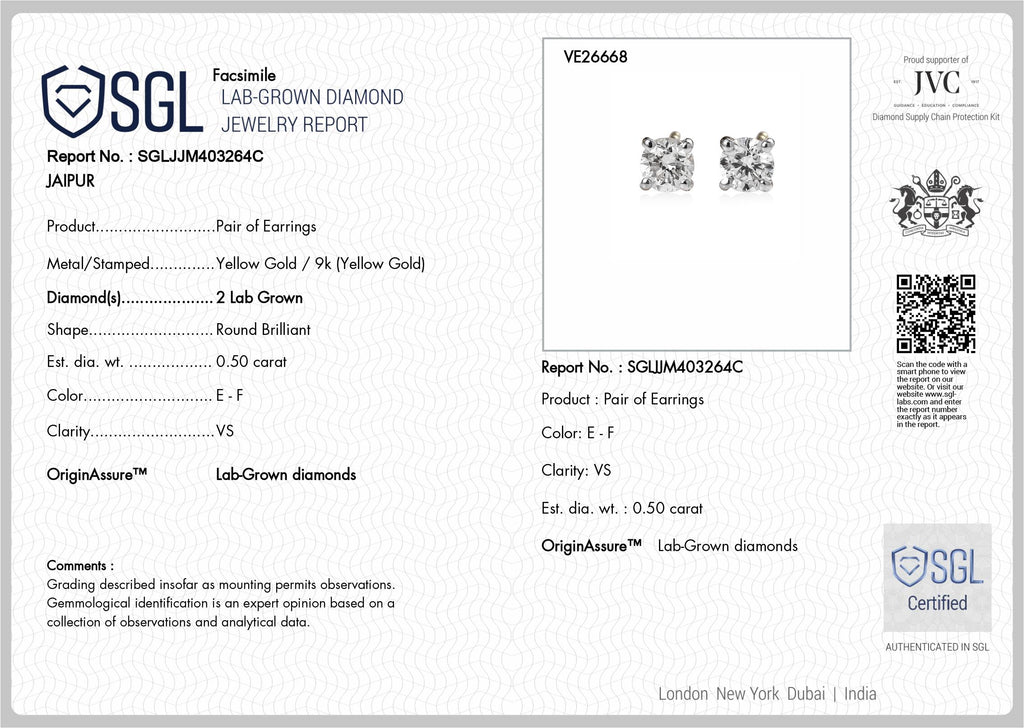 Luxuriant - 9K Yellow Gold SGL Certified Lab Grown Diamond (VS/E-F) Solitaire Stud Earring with Push Post 0.50 Ct_8618408_6