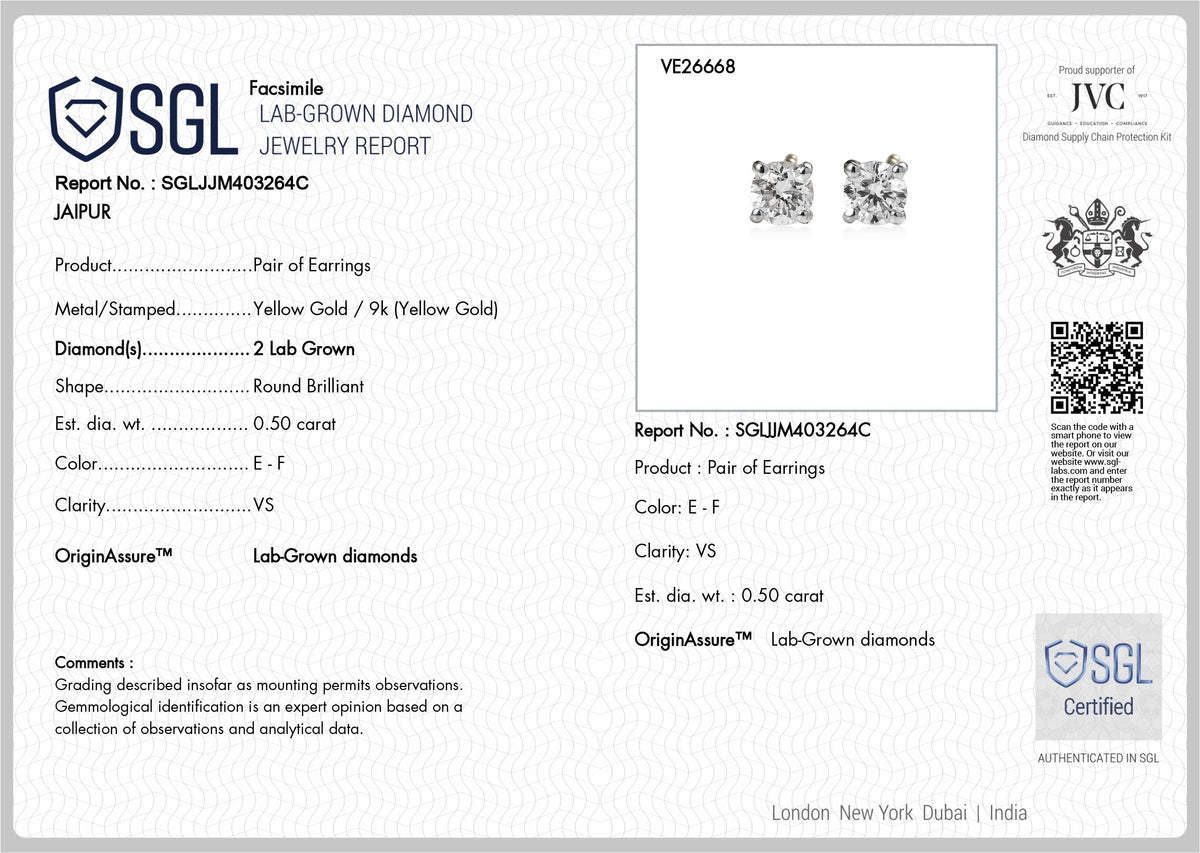 Luxuriant - 9K Yellow Gold SGL Certified Lab Grown Diamond (VS/E-F) Solitaire Stud Earring with Push Post 0.50 Ct 8618408 7