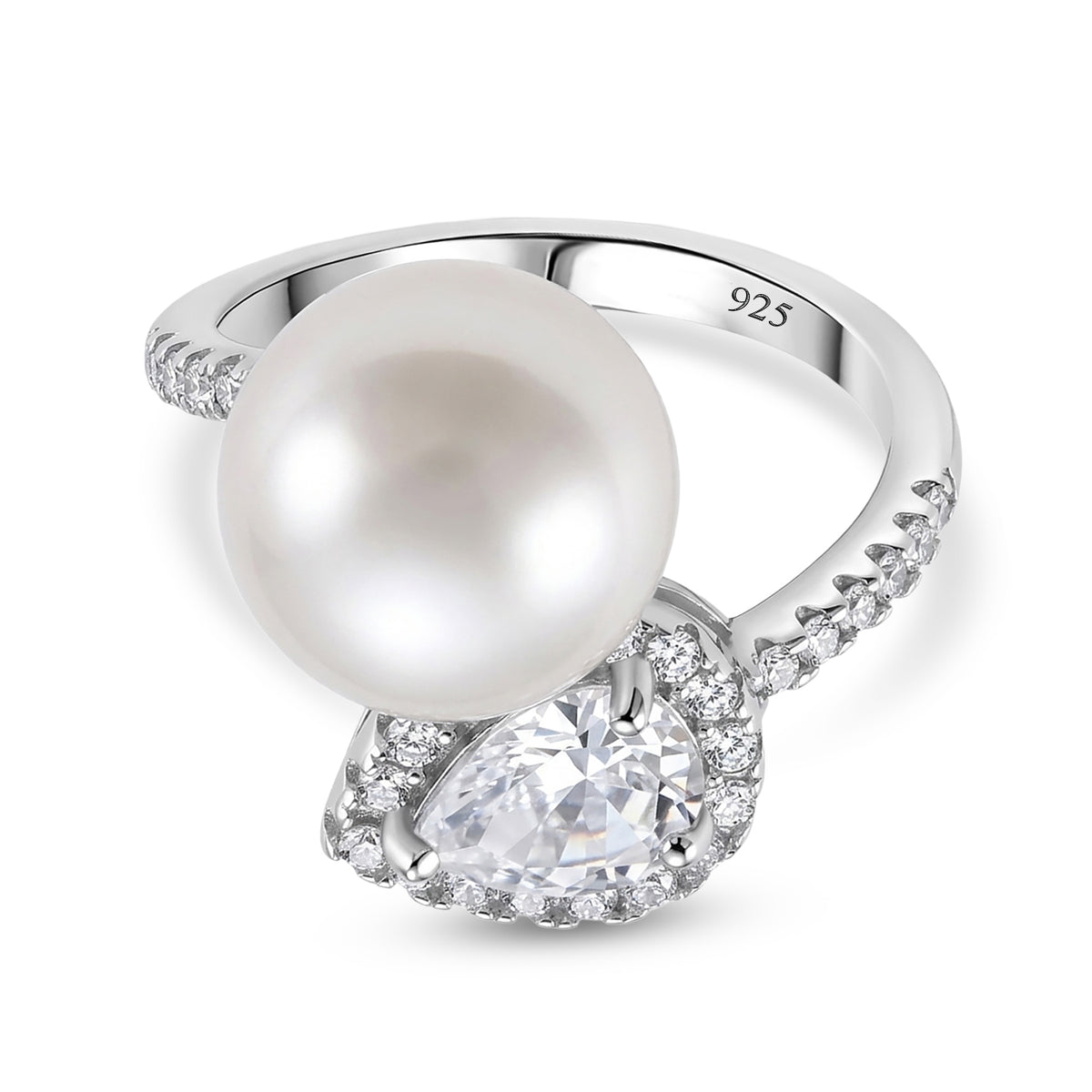 D'Joy - Premium White Edison Pearl (12-13mm) &amp; White Zircon Ring in Rhodium Overlay Sterling Silver 8618409 0