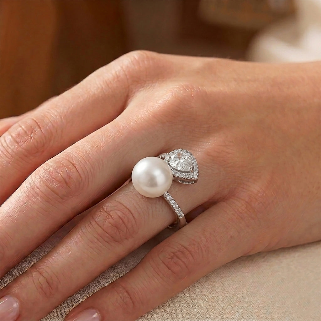 D'Joy - Premium White Edison Pearl (12-13mm) & White Zircon Ring in Rhodium Overlay Sterling Silver_8618409_1