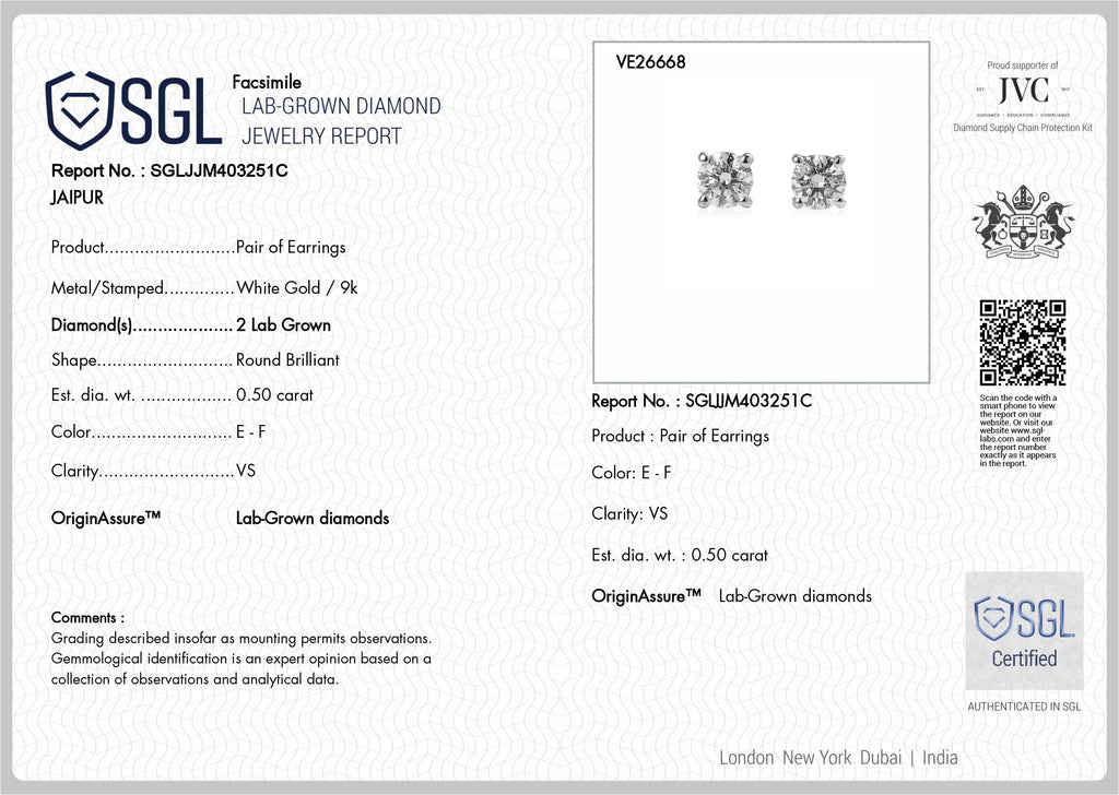 Luxuriant - 9K White Gold SGL Certified Lab Grown Diamond (VS/E-F) Solitaire Stud Earring with Push Post 0.50 Ct._8618464_6