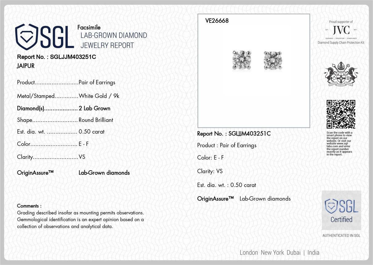 Luxuriant - 9K White Gold SGL Certified Lab Grown Diamond (VS-E-F) Solitaire Stud Earring with Push Post 0.50 Ct. 8618464 7