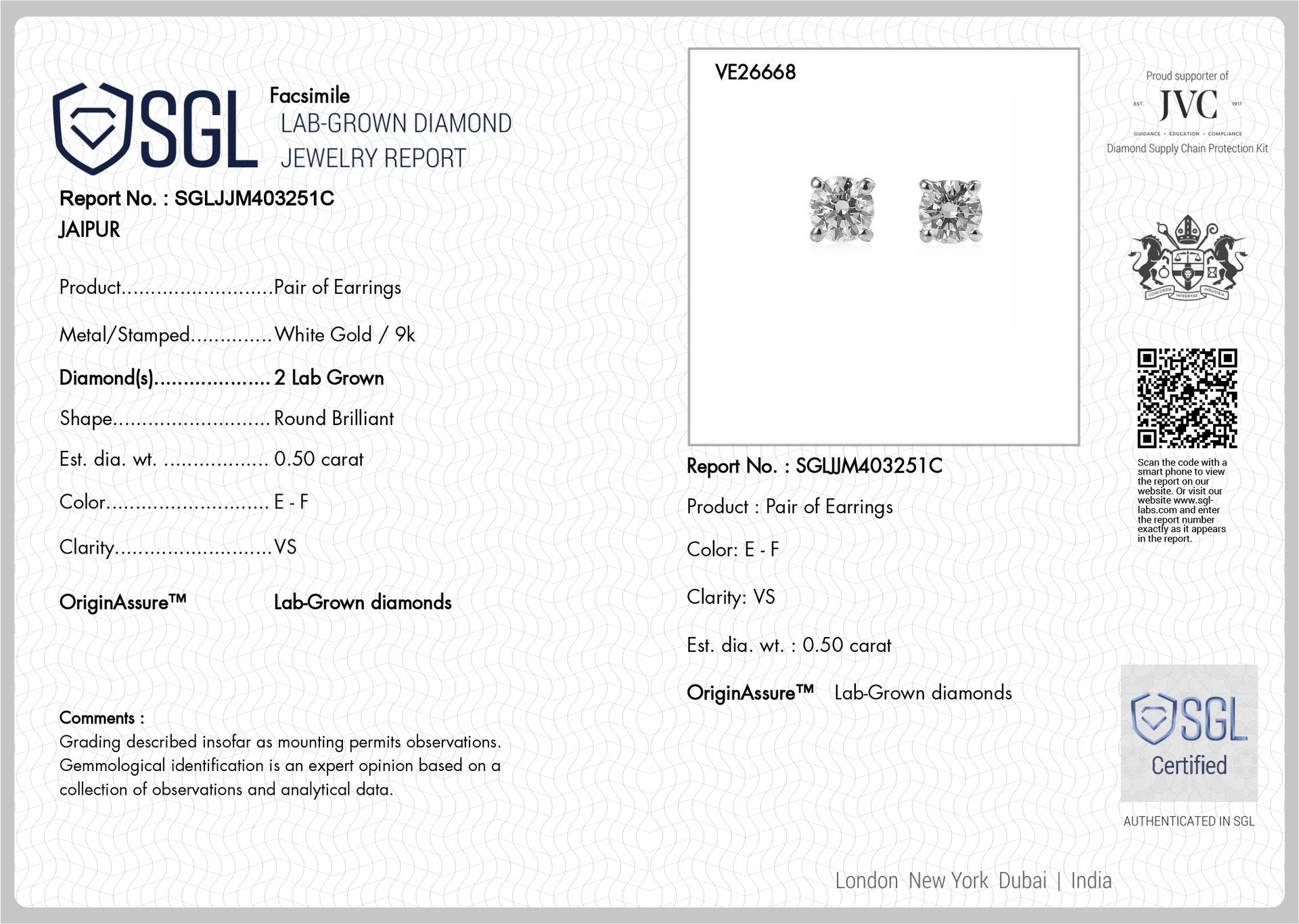 Luxuriant - 9K White Gold SGL Certified Lab Grown Diamond (VS-E-F) Solitaire Stud Earring with Push Post 0.50 Ct. 8618464 7