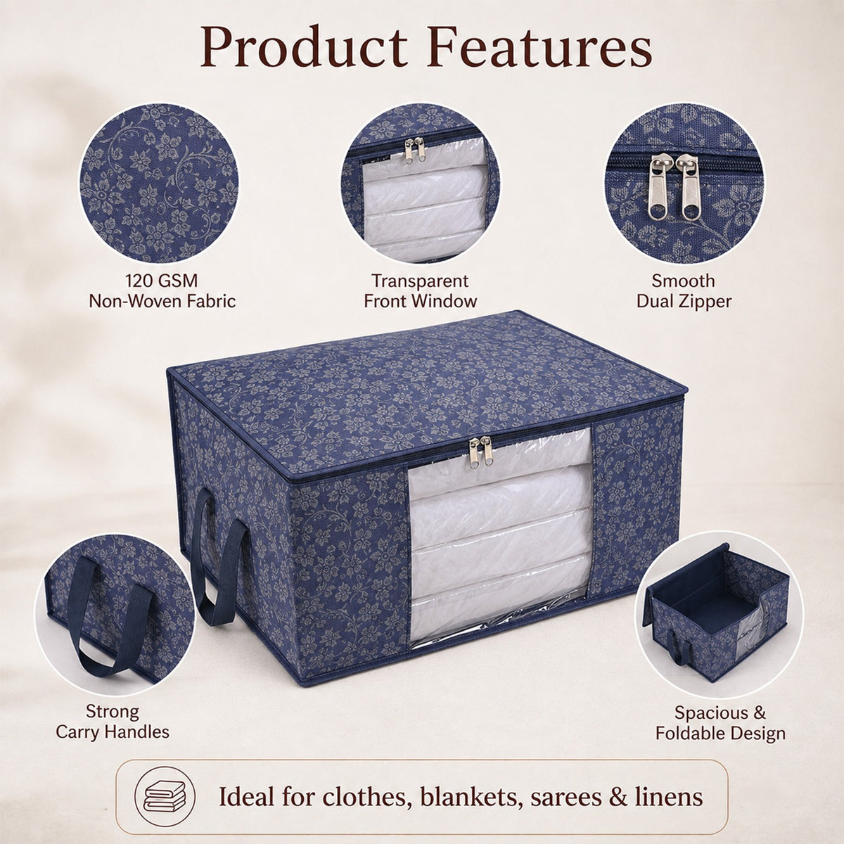 Printed Storage Box (Size 60x30x45 cm) - Navy Blue 8618824 3