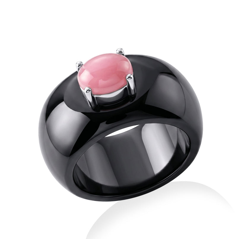 D'Joy - Black Jade & Pink Conch Shell Solitaire Band Ring in Rhodium Overlay Sterling Silver_8619317