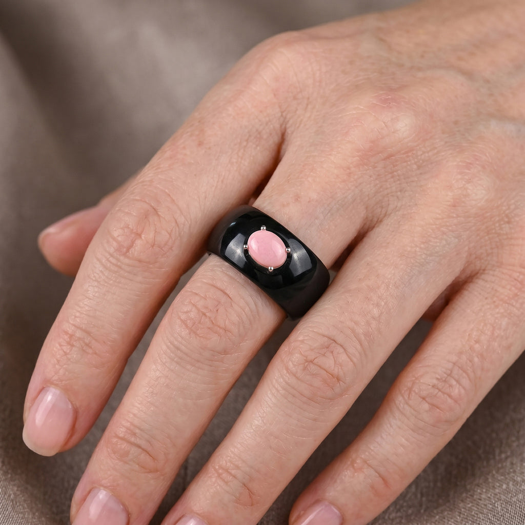 D'Joy - Black Jade & Pink Conch Shell Solitaire Band Ring in Rhodium Overlay Sterling Silver_8619317_1