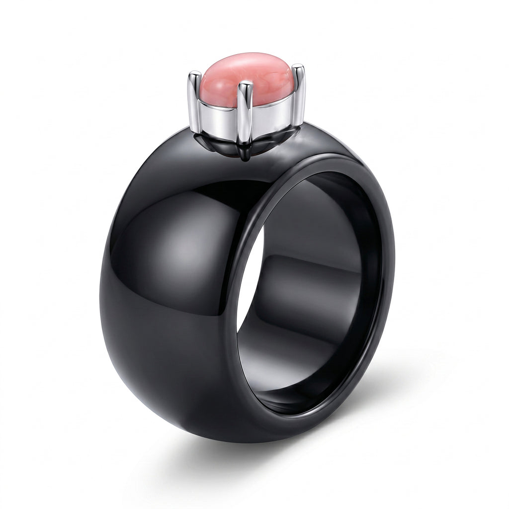 D'Joy - Black Jade & Pink Conch Shell Solitaire Band Ring in Rhodium Overlay Sterling Silver_8619317_3