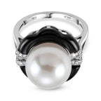 D'Joy - Premium White Edison Pearl (12-13mm), Moissanite & Dyed Black Jade Ring in Rhodium Overlay Sterling Silver 16.20 Ct._8619466