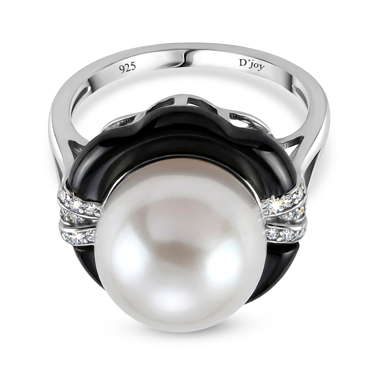 D'Joy - Premium White Edison Pearl (12-13mm), Moissanite &amp; Dyed Black Jade Ring in Rhodium Overlay Sterling Silver 16.20 Ct. 8619466 0
