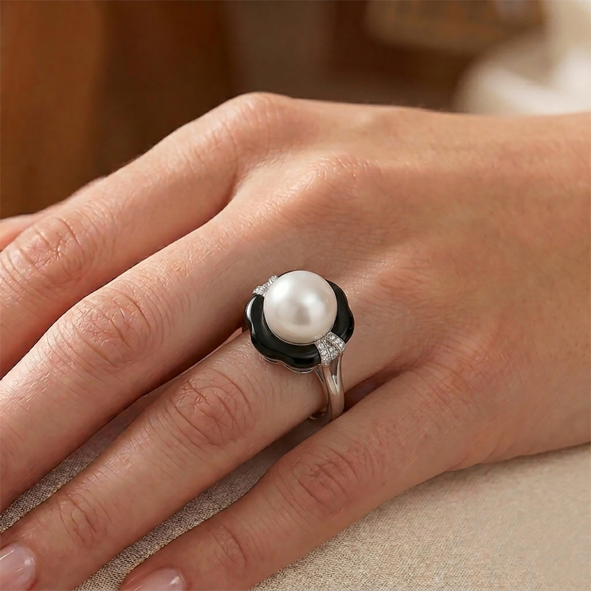 D'Joy - Premium White Edison Pearl (12-13mm), Moissanite &amp; Dyed Black Jade Ring in Rhodium Overlay Sterling Silver 16.20 Ct. 8619466 2