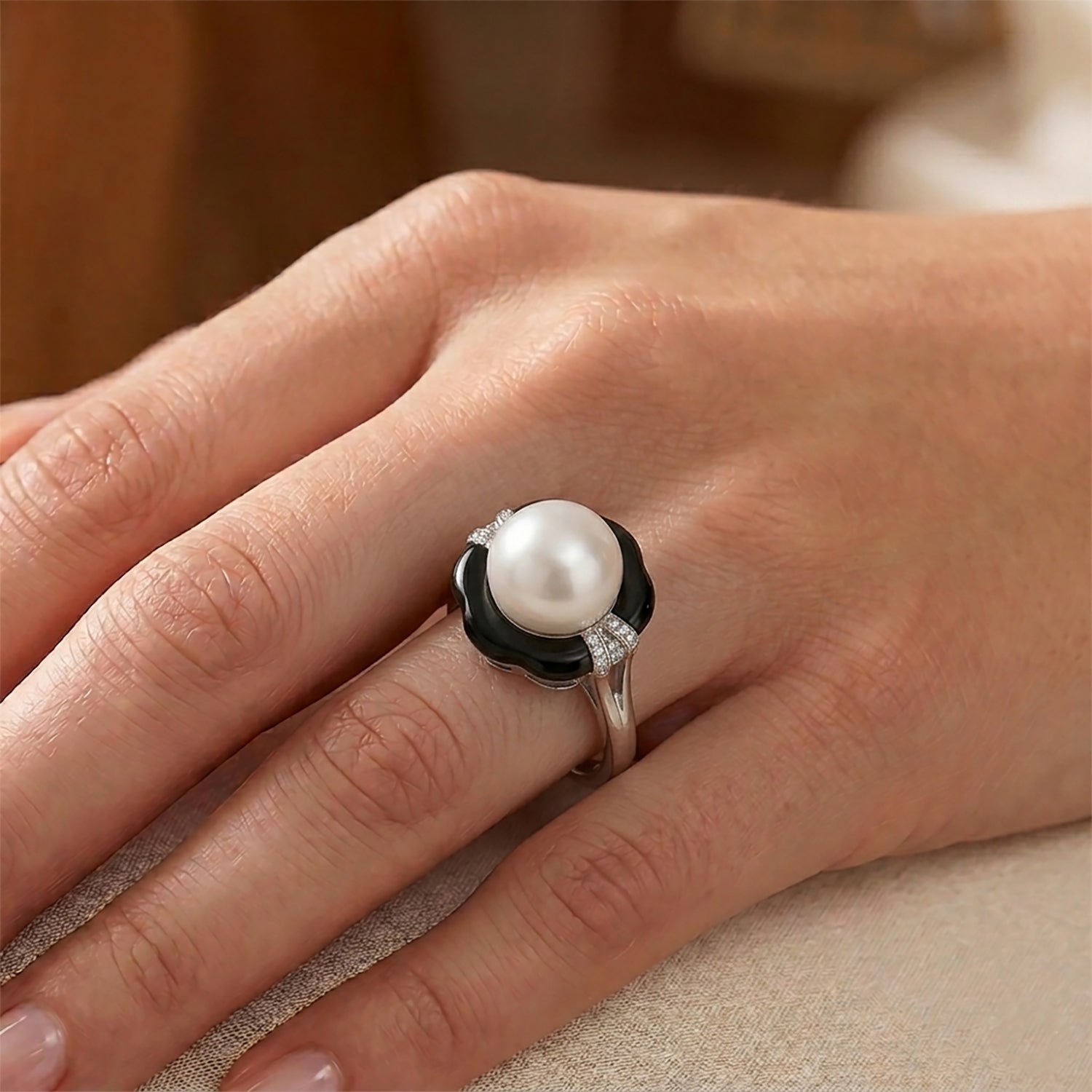 D'Joy - Premium White Edison Pearl (12-13mm), Moissanite &amp; Dyed Black Jade Ring in Rhodium Overlay Sterling Silver 16.20 Ct. 8619466 2