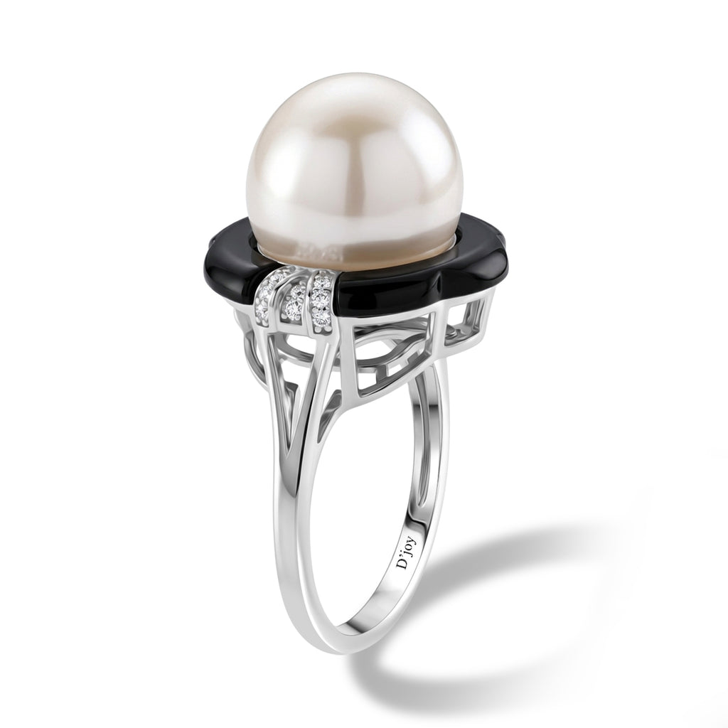 D'Joy - Premium White Edison Pearl (12-13mm), Moissanite & Dyed Black Jade Ring in Rhodium Overlay Sterling Silver 16.20 Ct._8619466_3