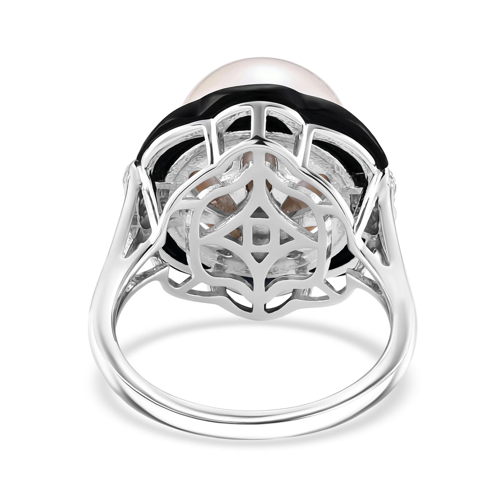 D'Joy - Premium White Edison Pearl (12-13mm), Moissanite & Dyed Black Jade Ring in Rhodium Overlay Sterling Silver 16.20 Ct._8619466_4