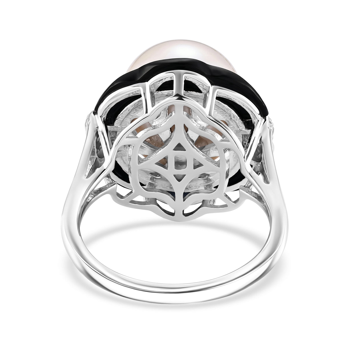 D'Joy - Premium White Edison Pearl (12-13mm), Moissanite &amp; Dyed Black Jade Ring in Rhodium Overlay Sterling Silver 16.20 Ct. 8619466 5
